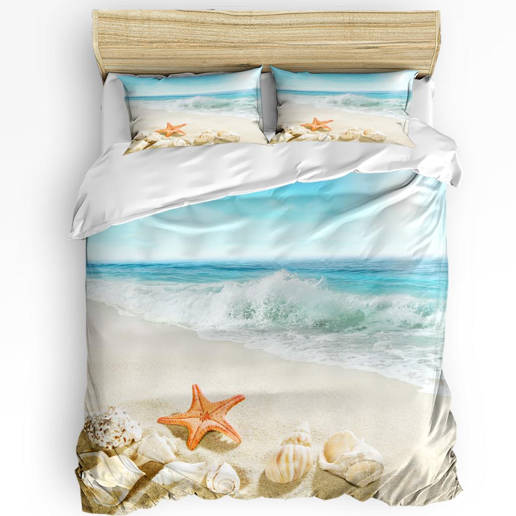 Beach Sea Starfish Shells Green 3pcs Bedding Set For Bedroom Double Bed Home Textile Duvet Cover Quilt Cover Pillowcase