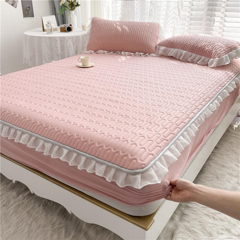 3-teiliges Sommer-Bettrock-Set für Mädchen aus Spitze, Latex, Kühler, weiche Matratzenunterlage, waschbar, Eisseide, Spannbettlaken-Set mit Kissenbezug