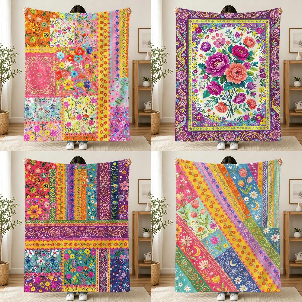 Bohemian Patchwork Style Vintage Floral Blanket Printed Flannel Soft Warm Cozy Season Nap Bed Sofa Travel Camping Gift Adult Kid