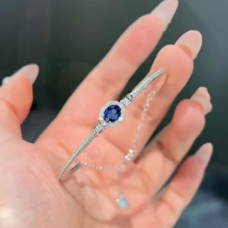 Zhuozhifan S925 Silver Simulated Blue Sapphire Bracelet - 6x8mm Corundum Bangle