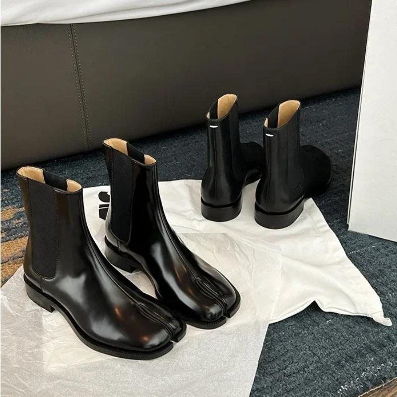 British Style Chelsea Boots Women's Short Boots Medium Tube Elastic Personality Design Horse Hoof Shoes Leather Shoes