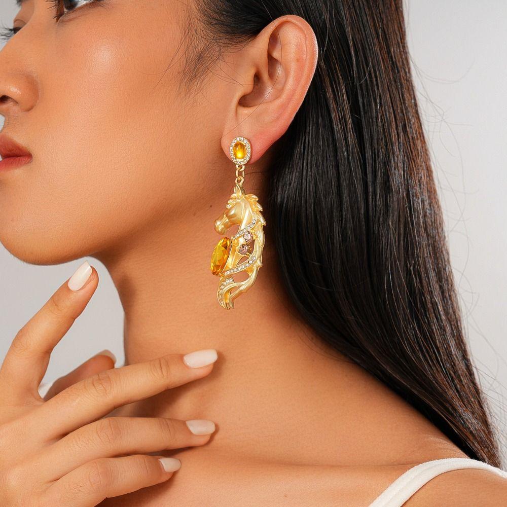 Rhinestone Crystal New Year Horse Earrings Cartoon Horse Mascot Drop Earrings  Party