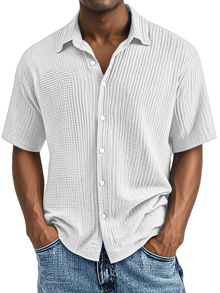 Men Light Blue Short Sleeve Button Down Shirt Casual Striped Linen Look Shirt
