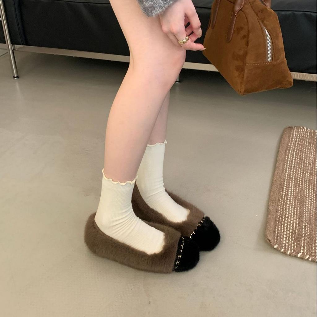 2025 Autumn and Winter New Square-headed Mink Fluffy Warm Color Matching Thick-soled Ballet Beanie Women's Single Shoes Flat-soled
