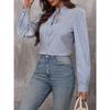 Spring and Autumn New Fashion Women's Stand Collar Tie Button Striped Long Sleeve Shirt