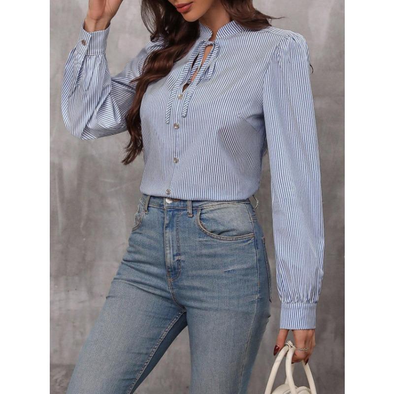 Spring and Autumn New Fashion Women's Stand Collar Tie Button Striped Long Sleeve Shirt