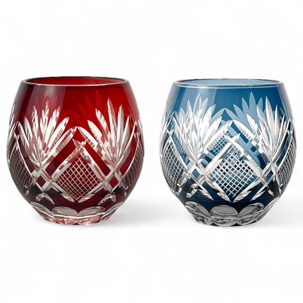 Mizukage Kiriko Pair of Glass X Flower and Arrow Red Ink Current Model J-kitchens Egg-Shaped Cups, 6.9 8.9cm, 350cc, Design, & Blue, Bisho,
