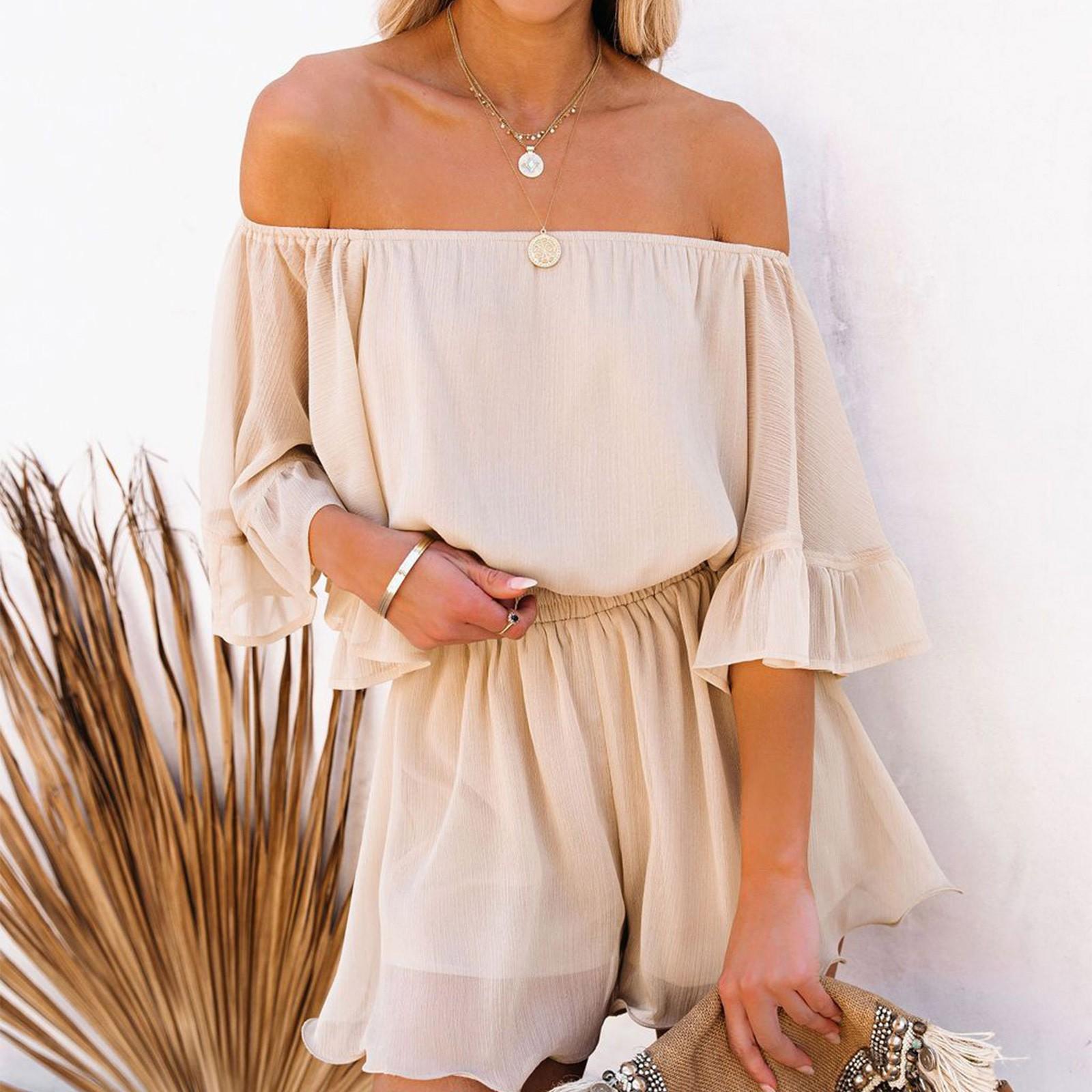 

Женский однотонный шифоновый комбинезон свободного кроя с короткими рукавами S хаки