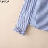 VONDA Womens Casual Stand Neck Ruffled Hem Striped Print Loose Long Sleeve Blouse