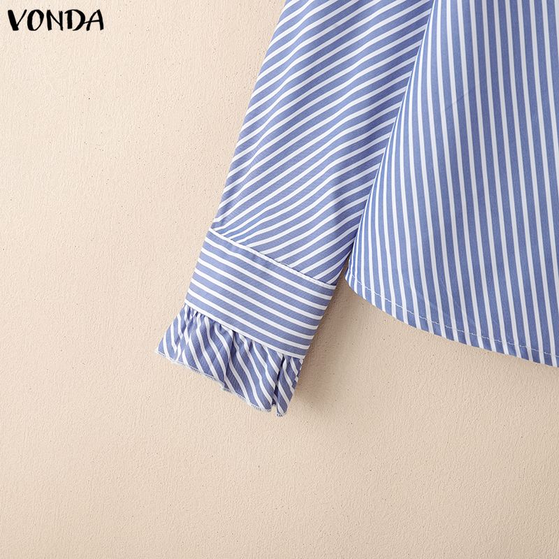 VONDA Womens Casual Stand Neck Ruffled Hem Striped Print Loose Long Sleeve Blouse