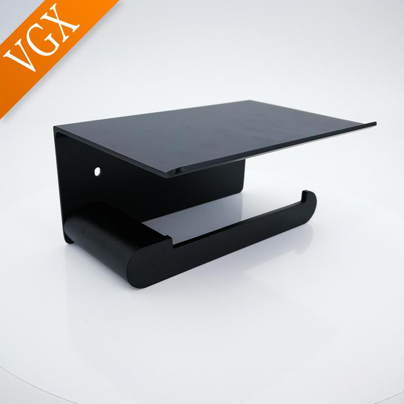 VGX Toilet Paper Holder With Phone Shelf Punch-free Bathroom Roll Tissue Rack Wall Mount Accessories Hardware Matt Black White