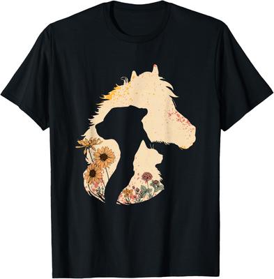 Horse Dog Cat Silhouette Floral Boho Vintage Graphic Tee Soft Casual Cotton T-Shirt Women