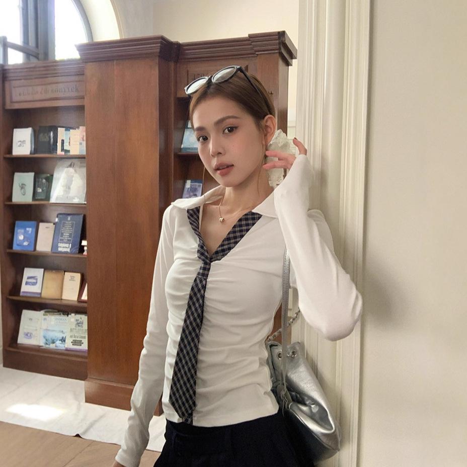 New Women's College Style Long Sleeve Color Block Lapel Top