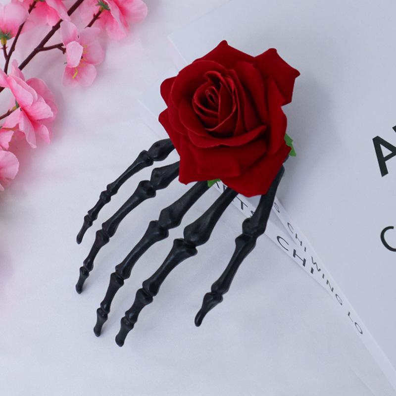 Halloween skull palm headdress, gothic imitation rose lace hairpin, scary atmosphere costume props
