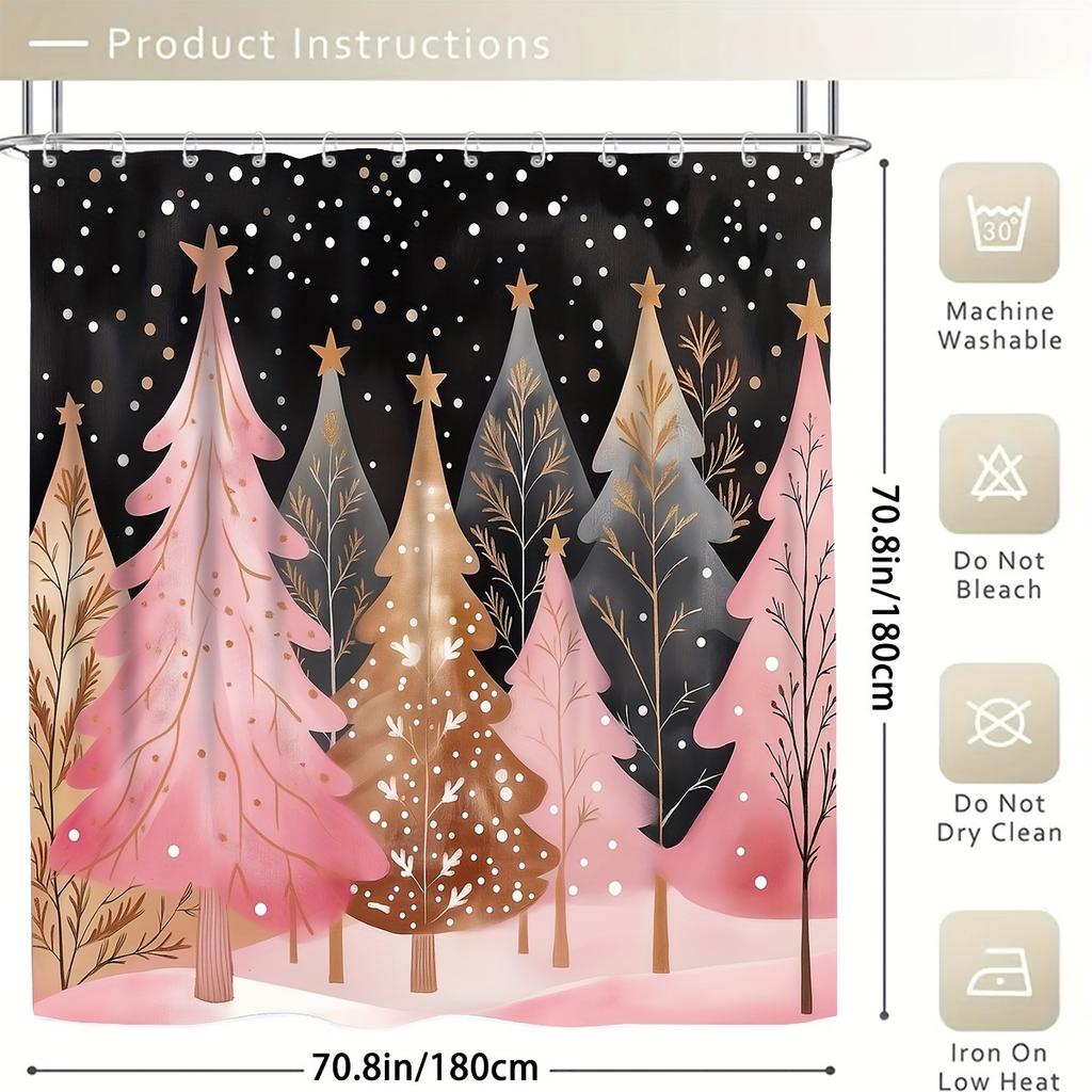 4Pcs Bathroom Shower Curtain Set Pink Christmas Tree Pattern Bathroom Curtain With 12 Hooks Non Slip Rugs Toilet Cover Mat Bathroom Partition