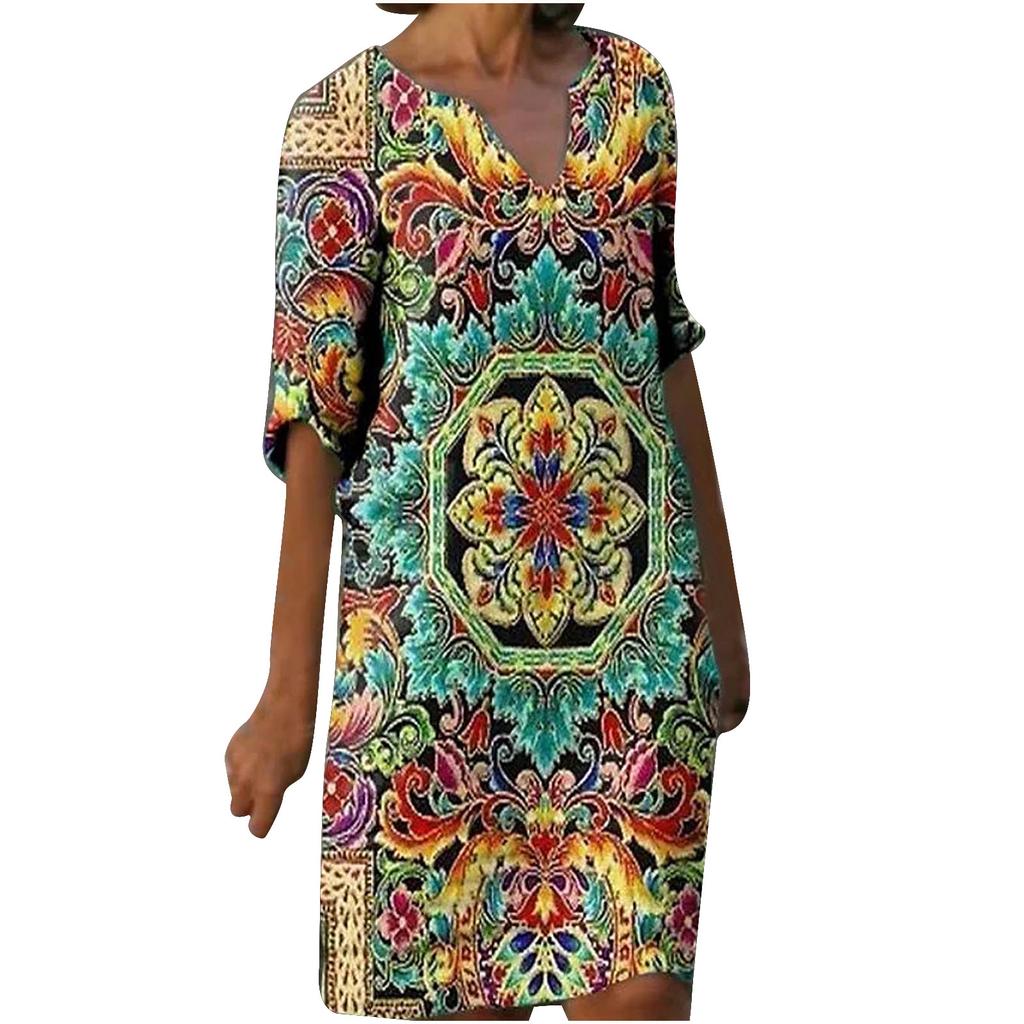 Women Half Sleeve V-Neck Casual Hot Vacation Printed Short   Dress