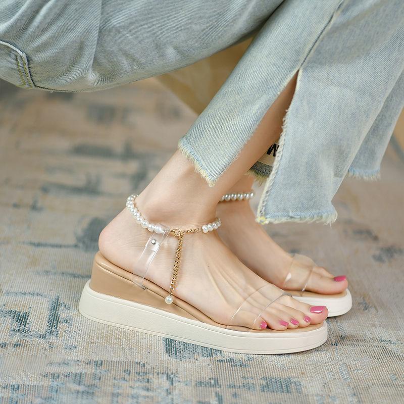 Pearl Women's Sandals Clear Wedges Heel Sexy Ladies Shoes 2025 Luxury Vip Footwear New Breathable Fashion On Offer Casual Shoe