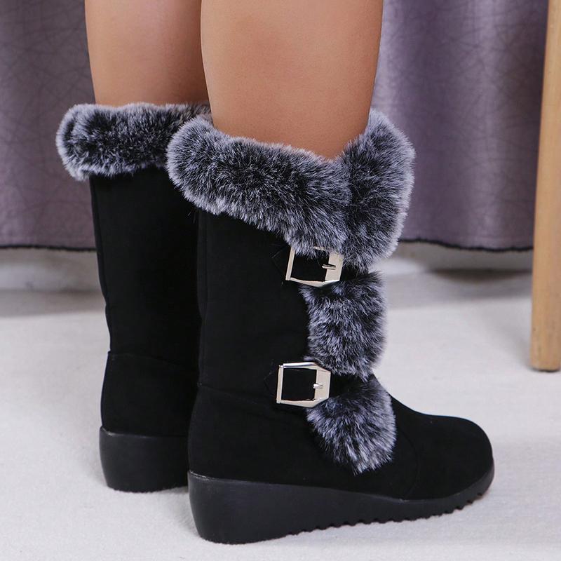 Fashion Women's Wedge Heeled Snow Boots Fashion Buckle Design Faux Fur Mid Calf Boots Woman Comfortable Thicken Warm Plush Winter Boots