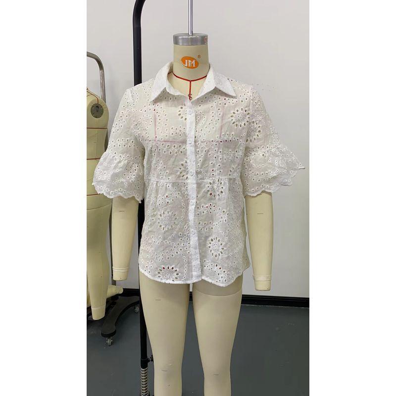 

Western Style Half Sleeve Lapel Cardigan Lace Hollow out T-shirt Top Sexy Hollowed out Shirt White S