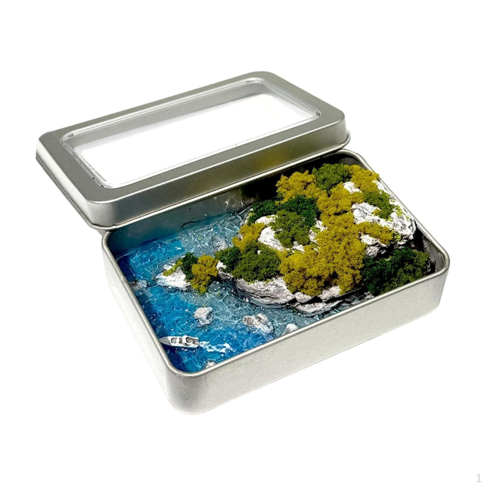 Miniature Landscape Decor Desktop Ornament Art Craft Handmade with Tin Box Mountains and Sea Scene Ocean Bay scene