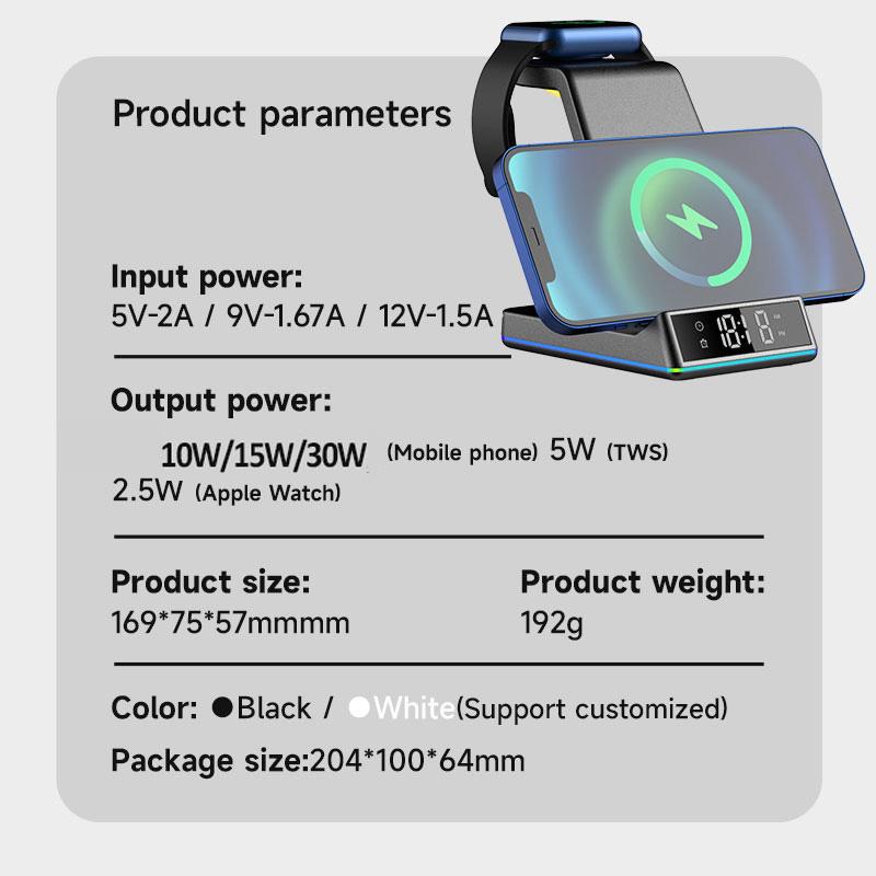 5 In 1 30W Foldable Wireless Charger Stand RGB Dock LED Clock Fast Charging Station for iPhone Samsung Galaxy Watch 5/4 S22 S21