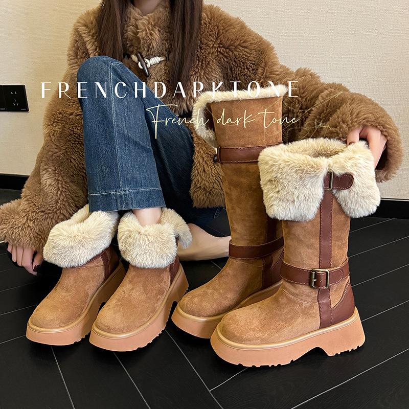 Maillard stora hår två bär snöstövlar 2025 vinter mocka rund tå nordöstra förtjockad päls varm höjande bomullsstövlar