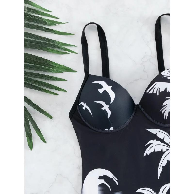 2025 Tropical Print Push Up Swimsuit Women One Piece High Cut Swimwear Female Bathers Bathing Swimming Suit Beachwear Monokini