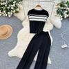 Set de vară pentru femei, casual, cu pulover tricotat în dungi și pantaloni, din două piese, topuri pulover fără mâneci și costum cu pantaloni cu picior lat