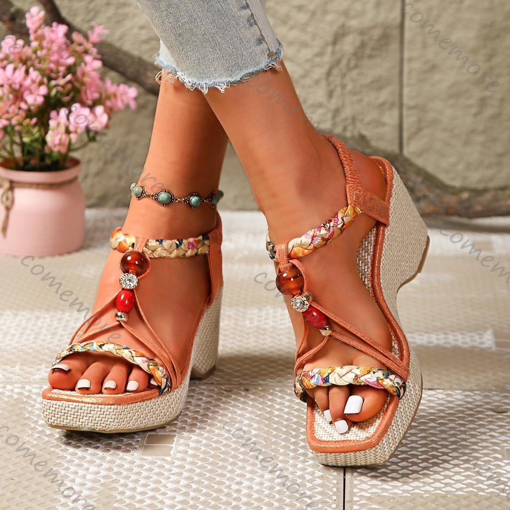 Fashion Comemore Summer Wedges High Heel Sandals Bohemian Style Fashion Ethnic Elastic Band Sandales Femmes Casual Platform Sandalias