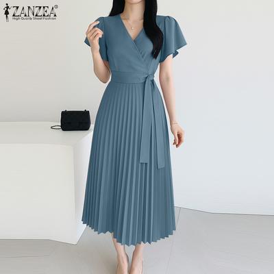 Women Casual V-Neck Summer Short Sleeve Pleated Dres