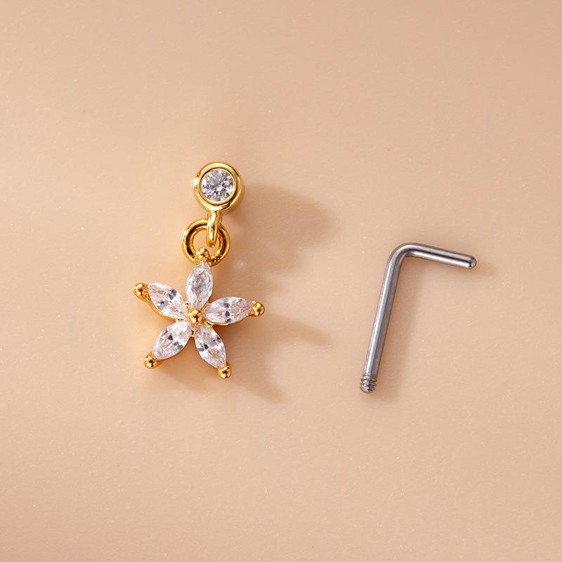 Heart Cross Flower Zirconia Nose Stud - Stainless Steel Thin Bar Jewelry