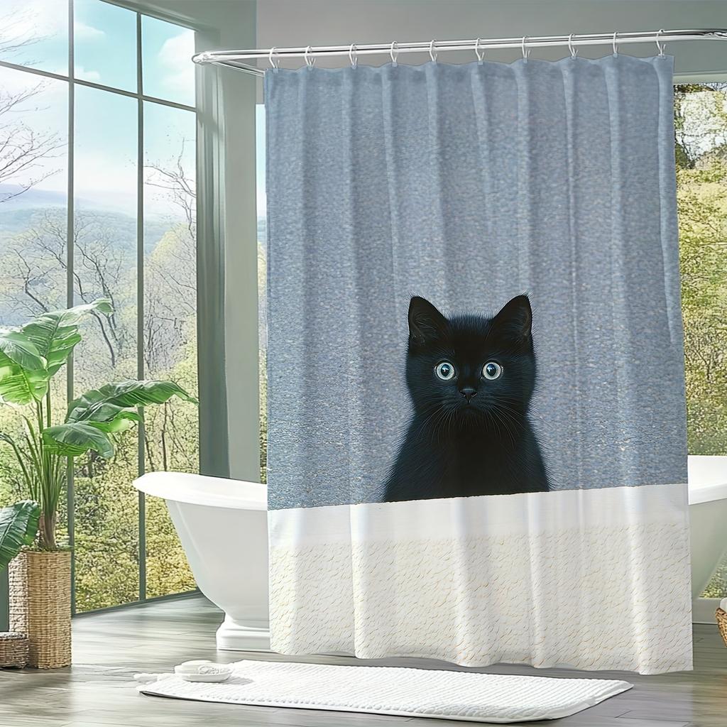 Cute Cartoon Black Cat Shower Curtain - Artistic Bathroom Decor With Hooks (Machine Washable)