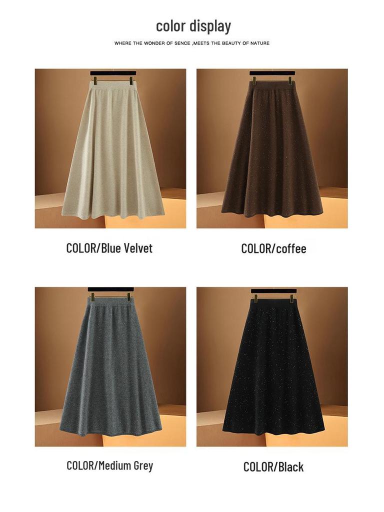 High-Waisted A-line Wool Sequin Umbrella Skirt – Mid-Length Slimming for Autumn/Winter