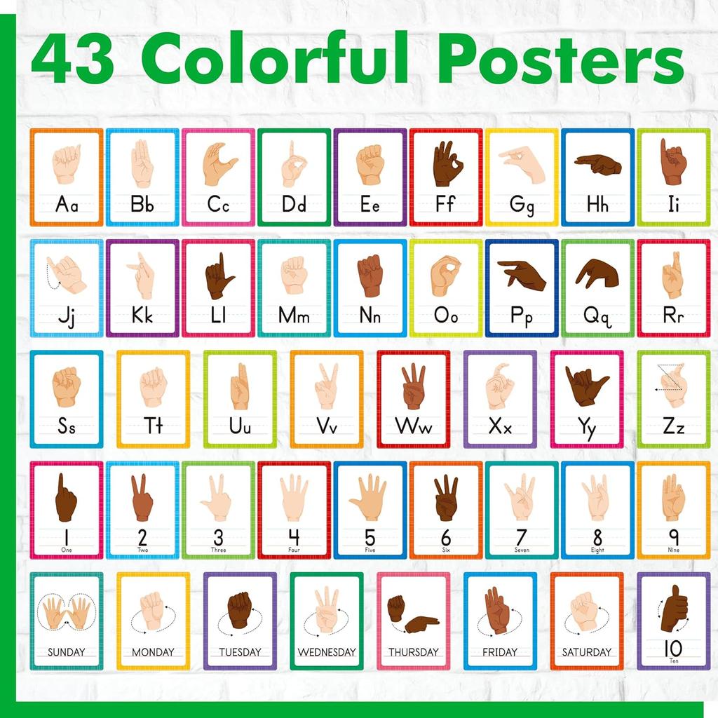 ASL Alphabet Line Bulletin Board Set, 43pcs Letters Numbers Week Sign Language Decorations, 26 Letters/7 Days of the Week1-10 Numbers Small Posters