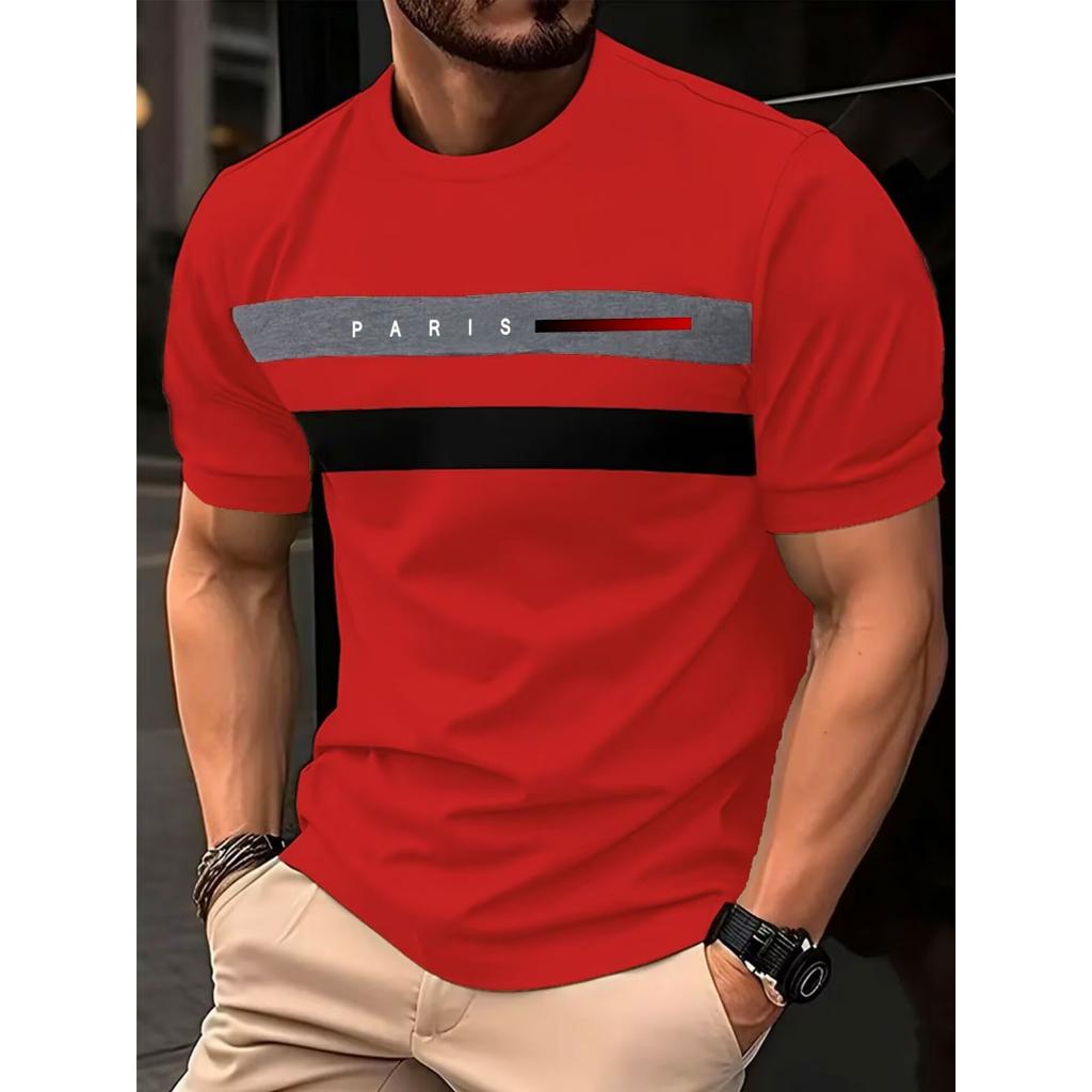 Simple Casual Printed Striped Men's T-Shirt Fashionable Street Men's Summer Top Short Sleeved Loose Oversized T-Shirt