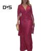 Kvinner aftenkjole Delte ermer Dyp V-hals Skinnende paljett Slim Fit Tight midjeknute Plissert Full lengde Ensfarget Lady Ball Bankett Maxikjole