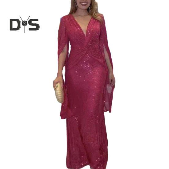 Kvinner aftenkjole Delte ermer Dyp V-hals Skinnende paljett Slim Fit Tight midjeknute Plissert Full lengde Ensfarget Lady Ball Bankett Maxikjole