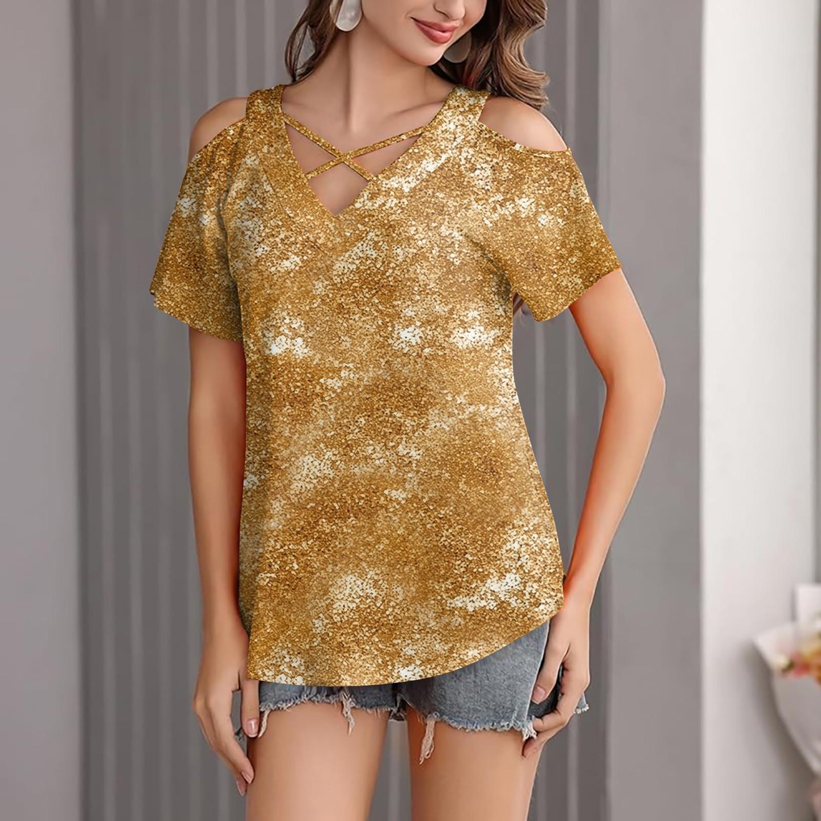 

Женская футболка с блестками и принтом, повседневная, с открытыми плечами, V-образным вырезом и короткими рукавами XL жёлтый