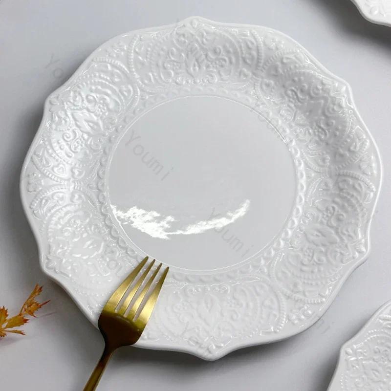 Creative Relief Flower Shape Ceramic Plate Home Breakfast Exquisite Solid Color Tableware Light Luxury Restaurant Dessert Plate