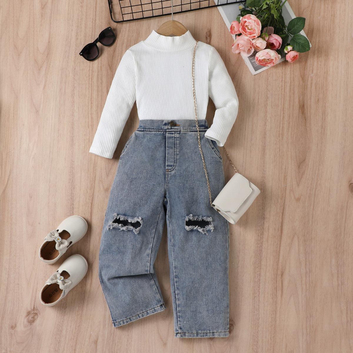 

Autumn and Winter Children s Solid-color Long-sleeved Pullover and Denim Trousers 90cm білий