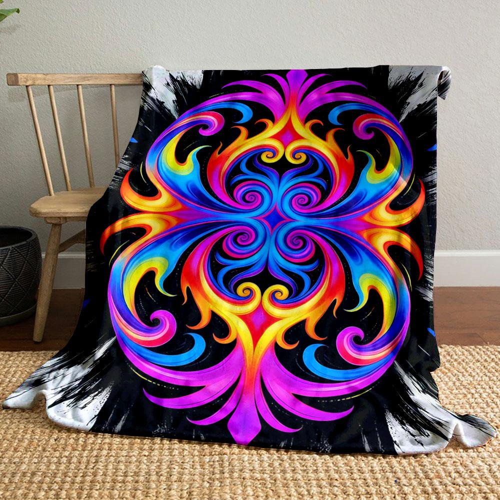 A vibrant, symmetrical swirl pattern with neon hues on a black background. for all seasons blanket lunch break throw gift