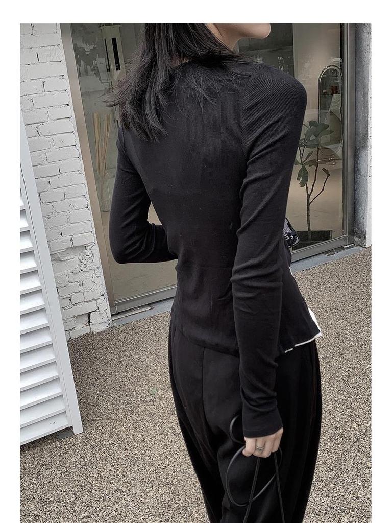 Women's 2024 Slim Fit Knit T-Shirt: Fake Two-Piece, Long-Sleeve for Spring & Autumn