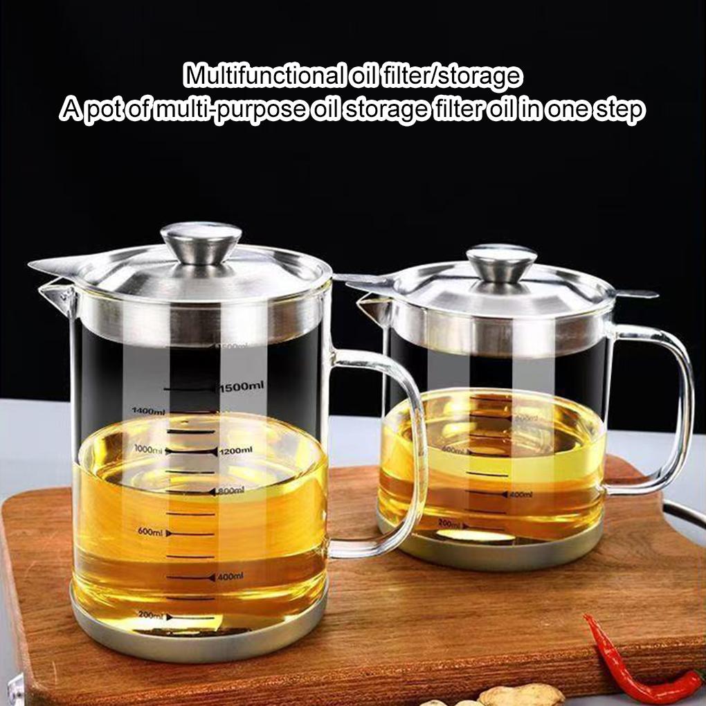 1L/1.5L Glass Oil Filter Kitchen Seasoning Tank Oil Tank Impurity Separator Fine Mesh Oil Filter Container Cooking Tool