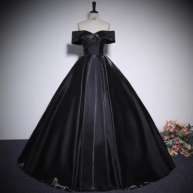 Black One-word Shoulder Evening Dress Banquet Celebrity Princess Tutu Skirt Art Test Light Luxury Niche Vocal Art Test Evening Dress