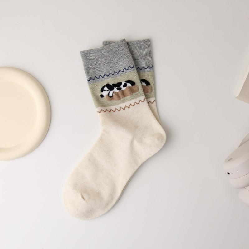 Ladies Autumn Simple Retro Cute Cartoon Kitten Pet Paradise Boneless Tube Cotton Socks