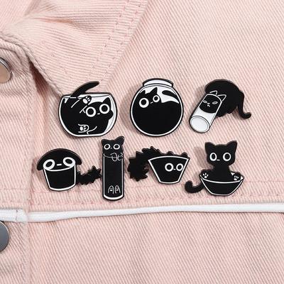 7Pcs/Set Cute Cat Enamel Pins Custom Black Kitten Terrarium Badge On Backpack Lapel Brooches Animal Jewelry Gift For Kid Friends