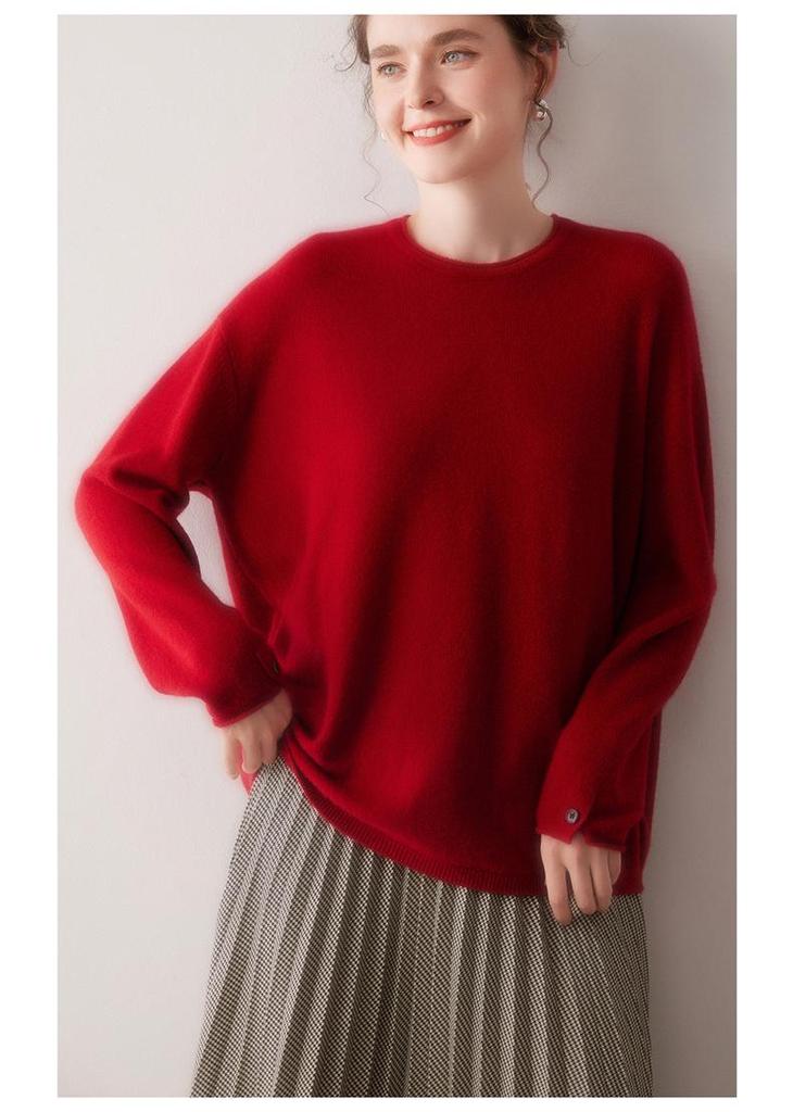 Women's 100% Pure Cashmere Raglan Sleeve Pullover - Solid Color, Round Neck, Long Sleeve, Autumn/Winter Knit Sweater.