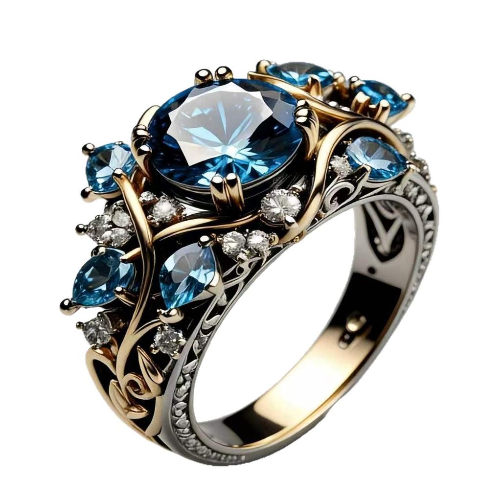 Goldfarbener Blattförmiger Ring mit eingelegten blauen synthetischen Zirkonia, geeignet für Damenbankette, Verlobungen, Schmuckzubehör, Geschenke