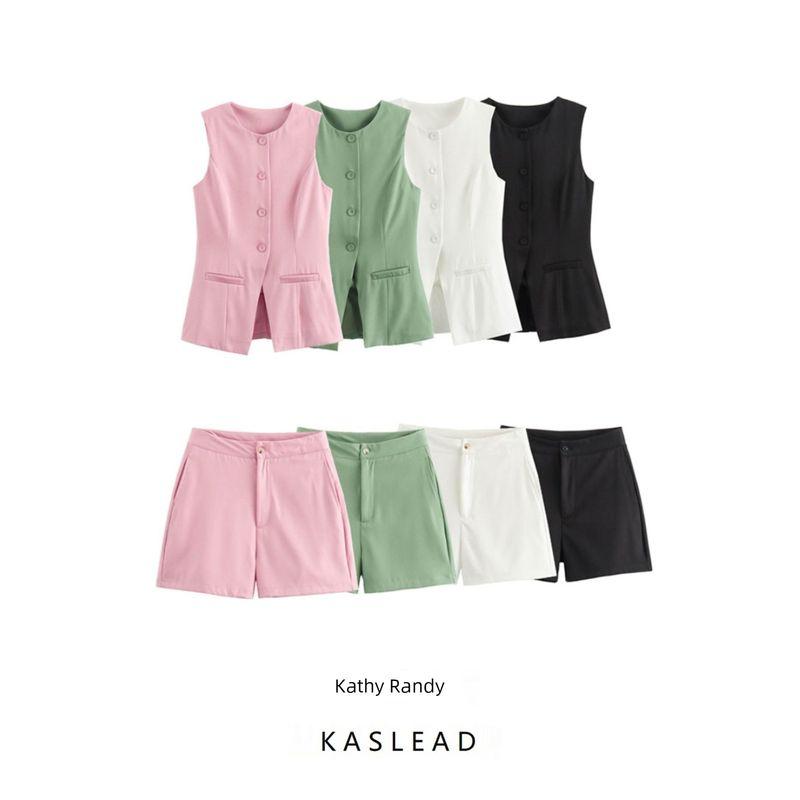 Kaslead New Arrival Women's Fashion Style Fashion Minimalist Sleeveless Button Decoration Vest Casual Shorts Suit