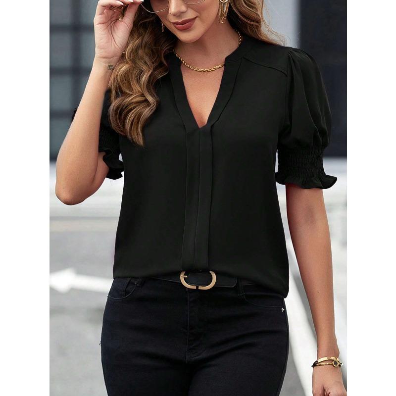 Women's summer new V-neck pure color fashion temperament bubble sleeve pure color shirt blouse